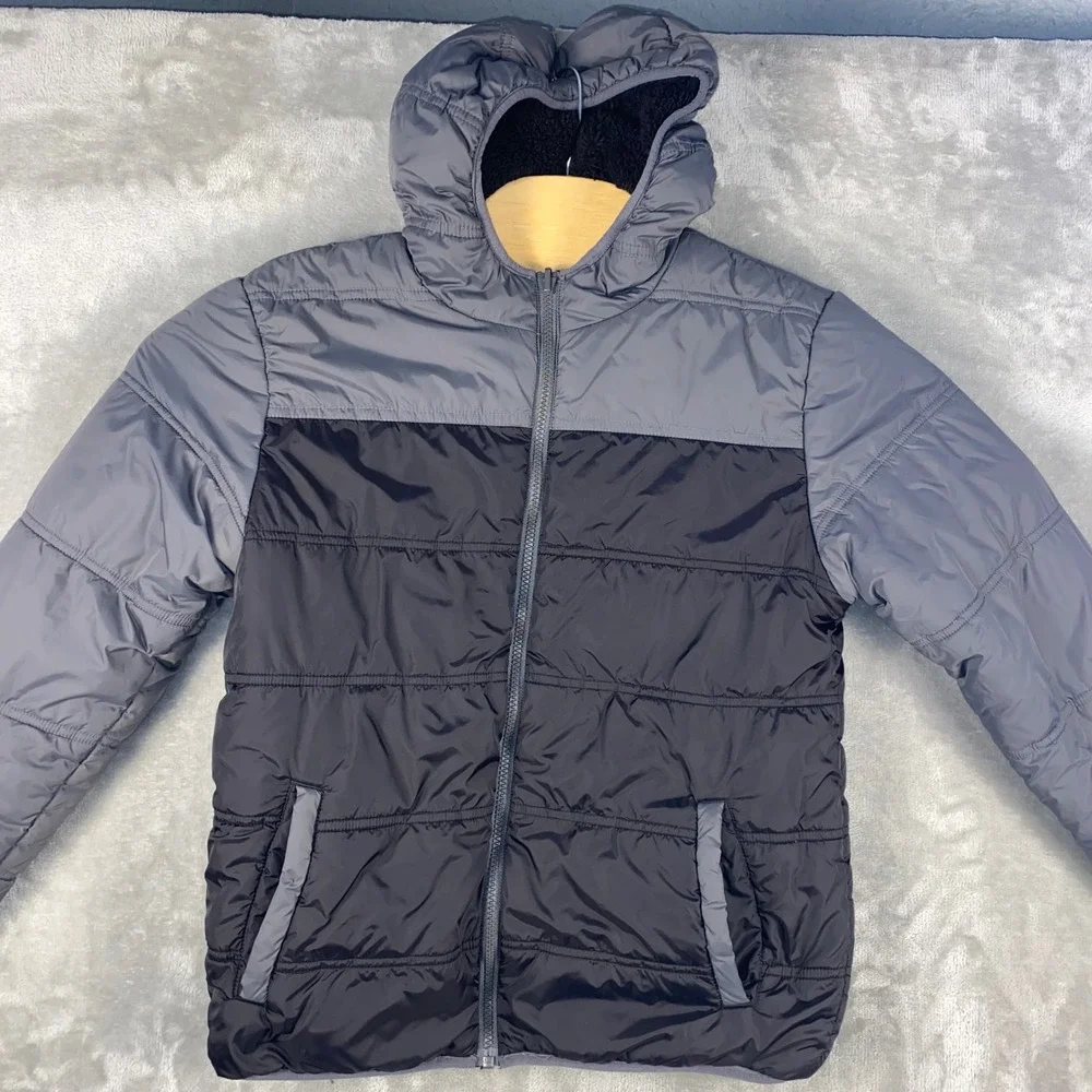 Eddie‎ Bauer Kids Reversible Puffer Fleece Hooded Jacket Gray Black